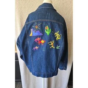 Vintage J Peterman Denim Jacket W/Patches & Painted Scene Made in USA‎ XL